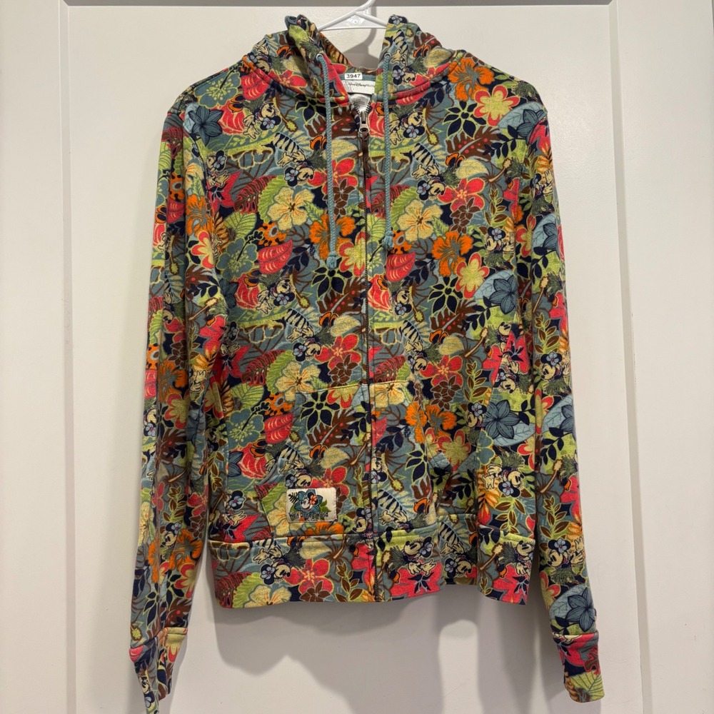 Disney World Minnie Mouse Tropical Floral Full Zip Hoodie Sweatshirt Large